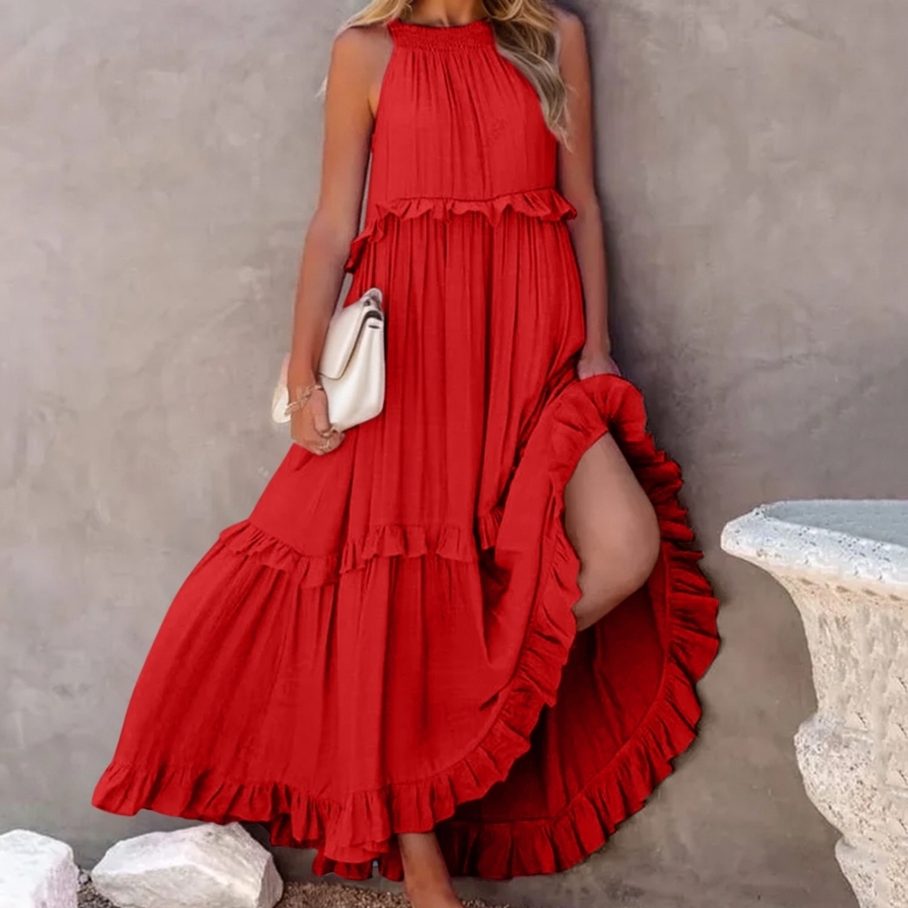 Green Ruffled Sleeveless Tiered Maxi Dress with Pockets - Picture 10 of 13